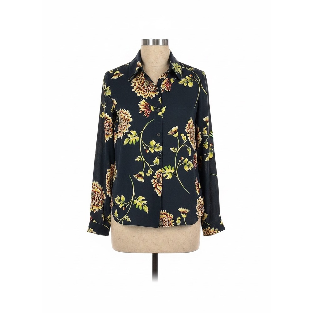 Cabi Small Floral Print Button Down Shirt Long Sleeve Navy Blue 3250
